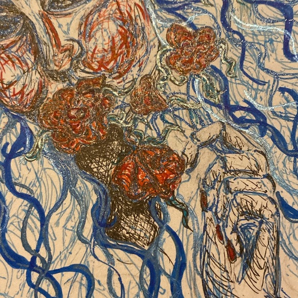 Unframed Original Art Illustration Drawing Portrait w Roses in Gel Pen & Ink - Picture 4 of 5